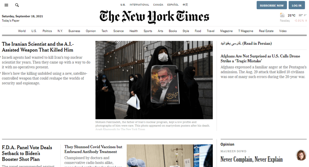 Képernyőkép az aktuális New York Times weboldaláról.